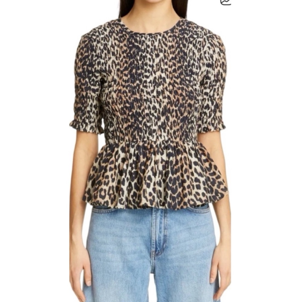 Ganni Smocked Animal Print Leopard Peplum Top 34/ XS or 2 - Picture 8 of 15